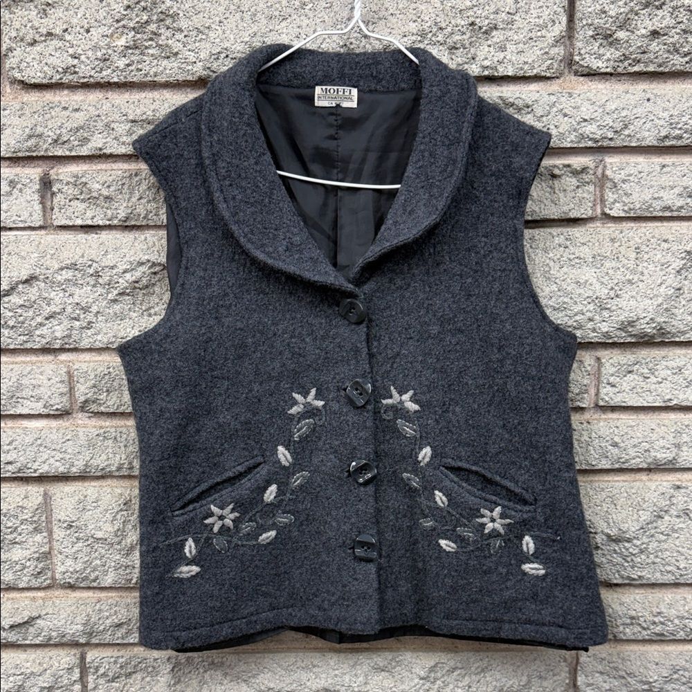 Gray Wool Vest with Embroidered Details